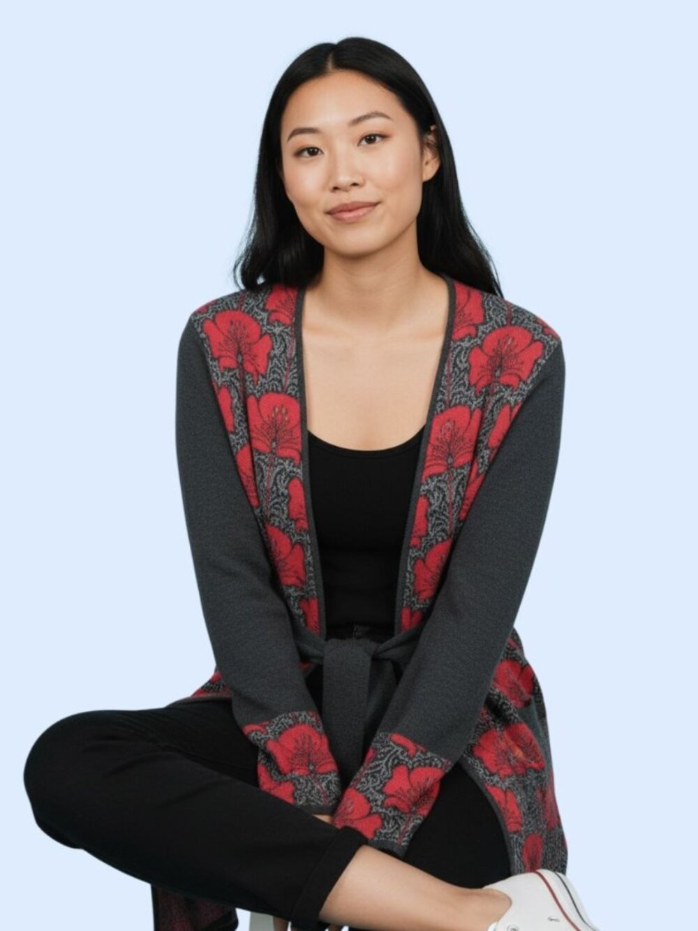 Icelandic Design Knit Cardigan Sweater red gray floral Womens M cotton